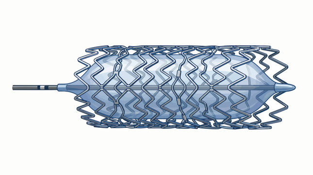 Medical illustration of a stent delivery system featuring a balloon catheter with an expandable stent.
