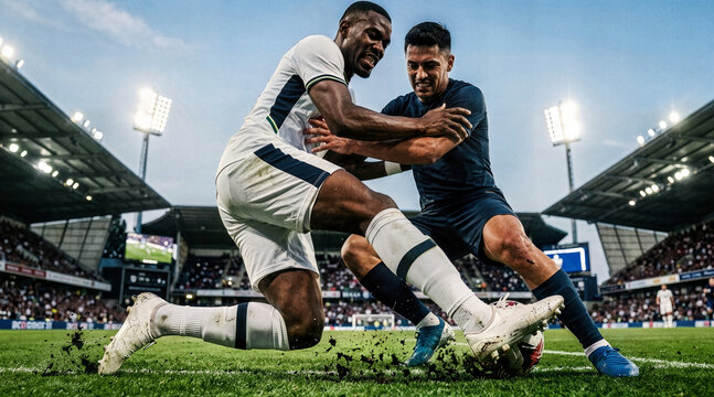 Intense Soccer Duel: Two Players Battling for Possession During a Match