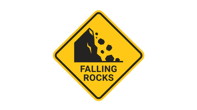 A yellow diamond warning sign with a black cliff silhouette and falling rocks, accompanied by FALLING ROCKS text, indicating a rockfall hazard.