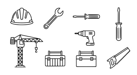 Fototapeta premium Collection of construction tools and equipment for building and repair work, including a hard hat, wrench, screwdrivers, crane, toolbox, drill, and saw