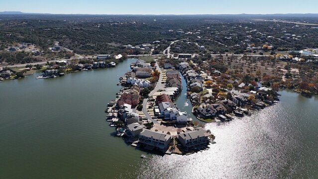 Aerial scenes of Lake LBJ in the central Texas Hill Country