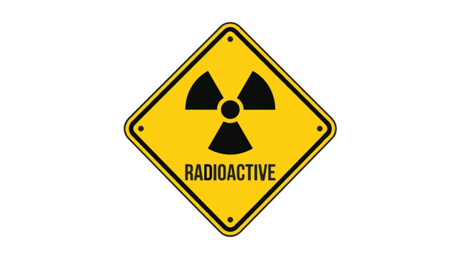 A yellow diamond-shaped warning sign with a black border features a black trefoil radiation symbol and RADIOACTIVE text, isolated on a white background.