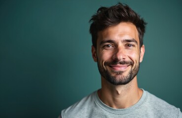 Fototapeta premium Man with dark hair and beard smiles gently looking forward. Person has light skin and brown eyes. He wears a grey t-shirt, against teal backdrop.