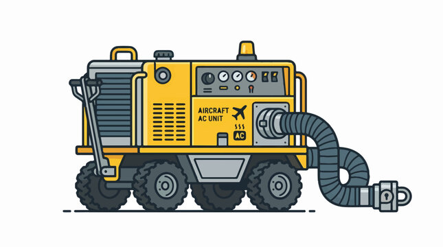 A yellow aircraft air conditioning unit on wheels, with a large hose connected, designed for airport use.