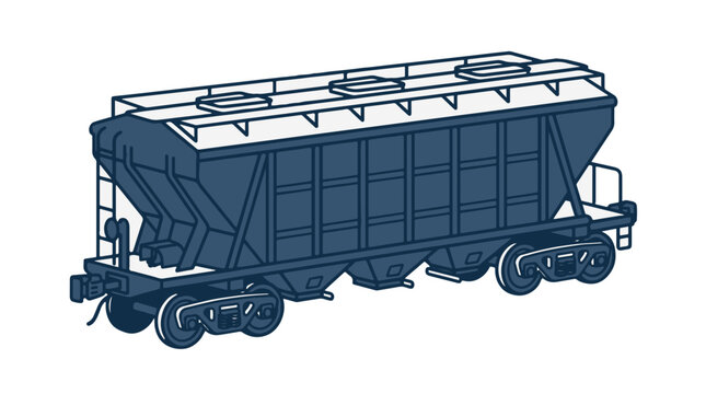A stylized illustration of a dark blue, open-top hopper train car with a white frame, sitting on its wheels against a white background.