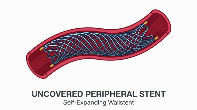 Illustration of an uncovered, self-expanding peripheral stent deployed inside a blood vessel, showing its mesh structure widening the vessel.