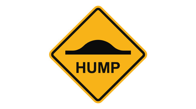 Yellow diamond-shaped sign with a black hump symbol and HUMP text, indicating a speed bump ahead.