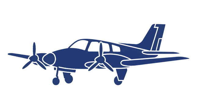 A stylized blue silhouette of a twin-engine propeller aircraft against a white background.