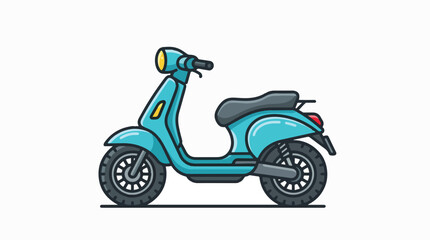 Obraz premium Side view flat design illustration of a vibrant teal classic scooter on a white background. Features include a prominent headlight, comfortable seat, and modern wheels.