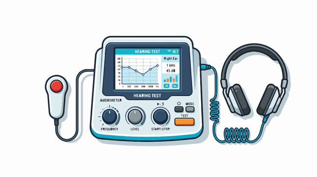 Audiometer with headphones and a patient response button, displaying a hearing test graph, frequency, level, and mode.