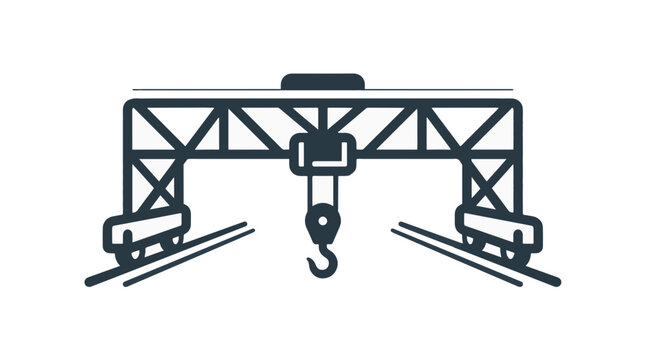 Minimalist black outline icon of a gantry crane with a hoist and hook, standing on parallel tracks, symbolizing heavy lifting and industrial operations.