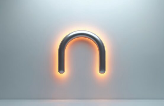 Metallic lowercase letter n shape with orange glow effect. Minimalist design on light gradient background. Modern abstract art for tech and design.