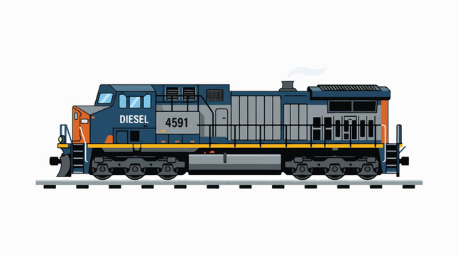 A side view illustration of a blue, orange, and grey diesel locomotive with number 4591 on train tracks, featuring a simple flat design on a white background.