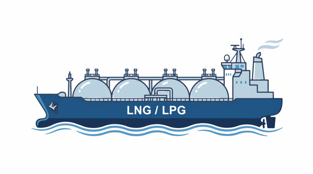 Cartoon illustration of an LNG/LPG carrier ship with four prominent spherical tanks on deck, sailing on waves. The blue vessel features a white superstructure and a smoking funnel.