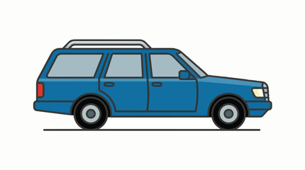 Fototapeta premium A simple flat design illustration of a blue station wagon car with a roof rack, depicted in a side profile view on a white background.