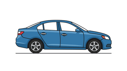 Obraz premium A simple, blue sedan car is shown in profile against a white background. It has four doors and standard wheel rims.