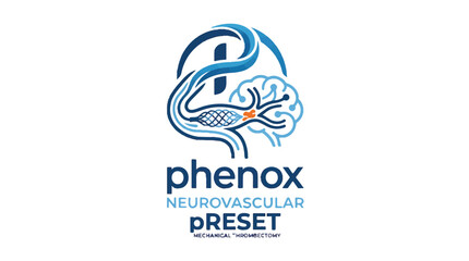 Obraz premium Logo for Phenox Neurovascular pRESET mechanical thrombectomy, showing a brain with a blood vessel and stent.