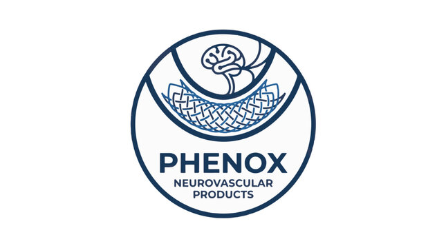 A circular blue and white logo for Phenox Neurovascular Products, featuring a stylized brain, blood vessel, and a medical stent on a white background.