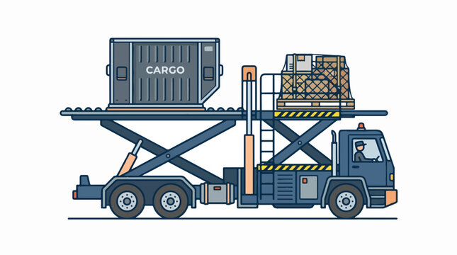 Illustration of an airport cargo loader truck with a raised platform carrying a large 'CARGO' container and a netted pallet, operated by a driver, on a white background.