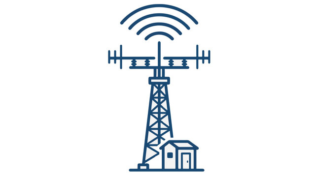 A stylized, blue line drawing of a cell tower with antennas and radiating waves, next to a small building.