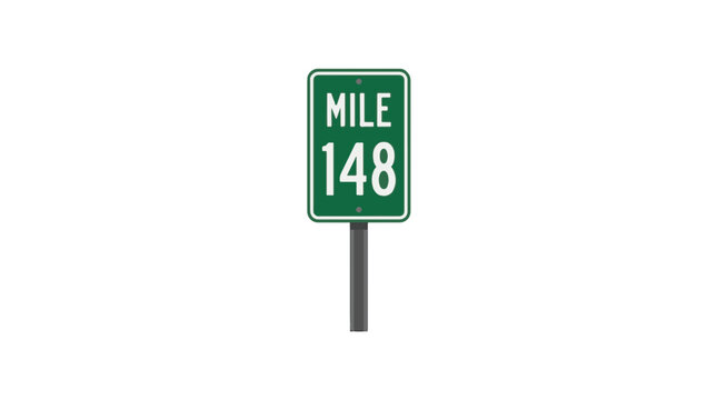 Green road sign indicating MILE 148 on a white background.