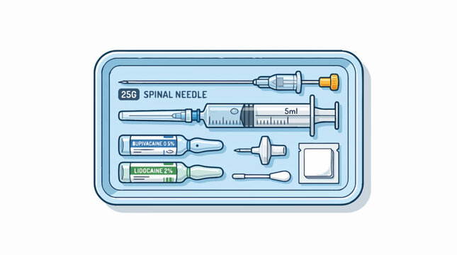 Illustration of a spinal anesthesia kit in a tray, including a spinal needle, syringe, bupivacaine, lidocaine, and other medical supplies.
