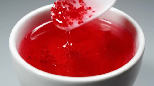 Red powder dissolving in clear liquid inside a small white ceramic cup showing chemical reaction for experimentation