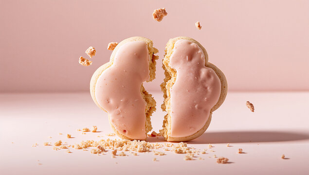 現代的な構図で桜のアイシングクッキーがサクッと割れる春の焼き菓子