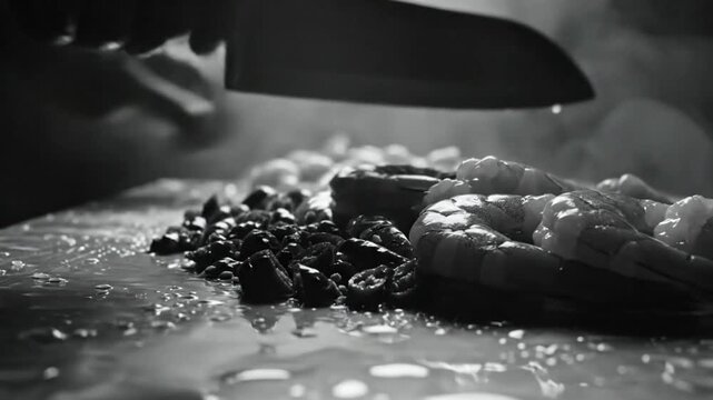 Chef preparing a delicious seafood dish with fresh shrimp and herbs on a cutting board in black and white