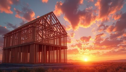 Obraz premium Unfinished wooden house frame stands against a dramatic sunset sky with vibrant orange and pink clouds. Building construction against natural horizon and glowing sun. Evening sky.