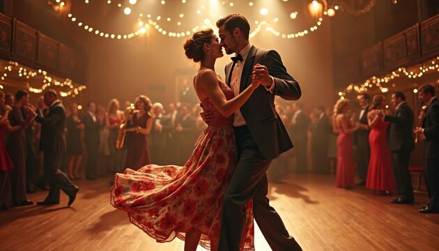 Couple enjoys swing dance at elegant ballroom party. Guests in vintage attire mingle, enjoying music from live band. Festive atmosphere fills grand hall with warm lights.
