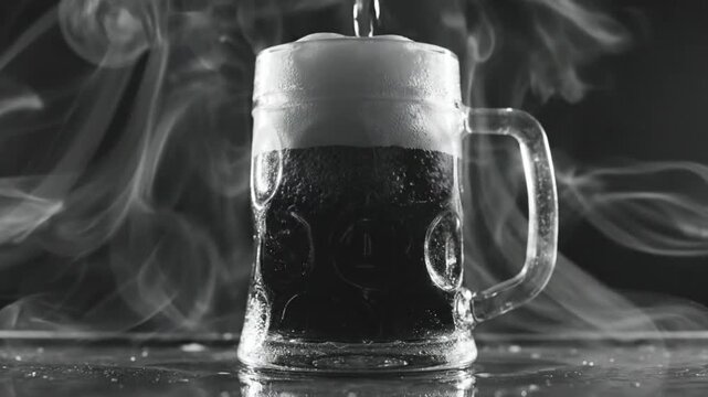 Black and White Macro Shot of Beer Pouring into a Classic Glass Mug with White Smoke Flowing