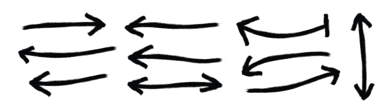 Black grunge hand drawn arrow collection in various directions and styles including straight, curved, double-ended, and up-down arrows, isolated on a transparent background