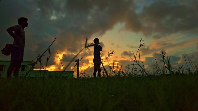 Cricket Player Silhouette Playing Shot at Sunset in India | Slow Motion Sports Scene