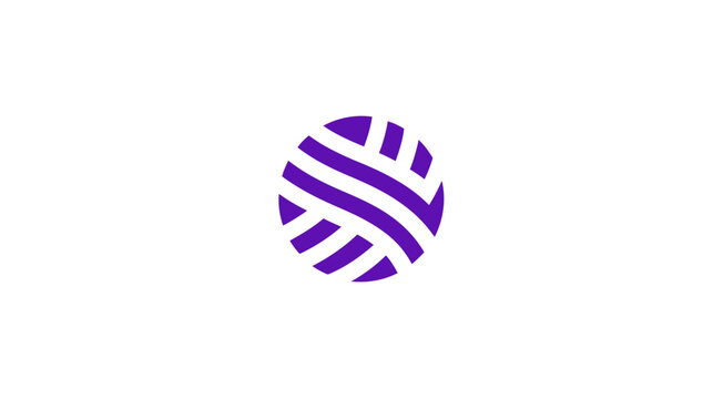 A simple, abstract design featuring a stylized, purple oval with interwoven white lines