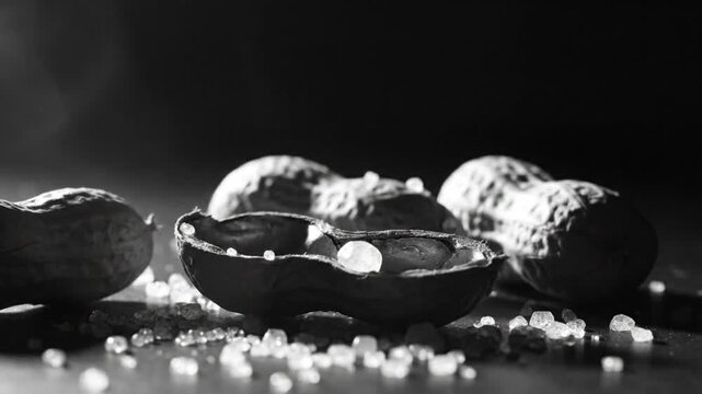 Black and white close-up of a peanut shell opened and revealing seeds, sprinkled with salt, with dark background