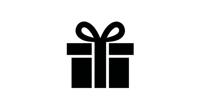 A black and white graphic showing a gift box with a bow on top. Simple icon