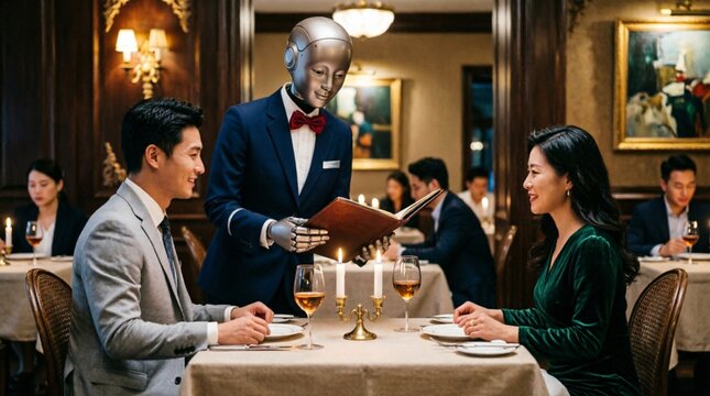 Robot camarero con traje azul y pajarita roja atiende a pareja en restaurante gourmet. Concepto futurista de IA y automatizaci&oacute;n en hosteler&iacute;a de lujo