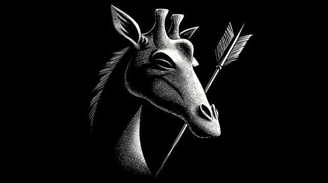 A striking black and white illustration of a giraffe's head pierced by an arrow