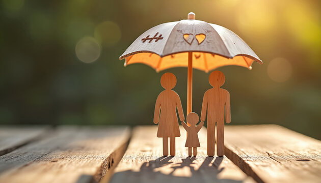 Wooden figures of family stand under an umbrella on wood table. Parents and child under protective cover with hearts. Symbolizes togetherness, safety, love, and support.