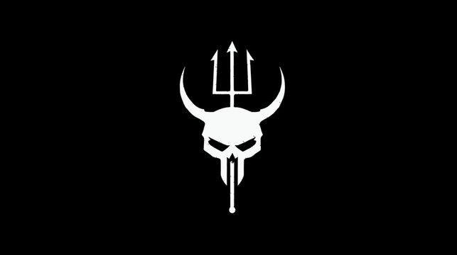 A white graphic of a skull with horns and a trident on a black background, centered