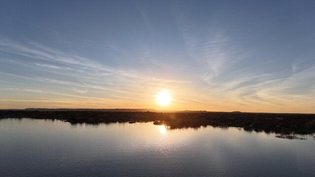 Aerial scenes of Lake Buchanan in the Central Texas Hill Country during sunset