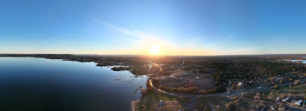 Aerial scenes of Lake Buchanan in the Central Texas Hill Country during sunset