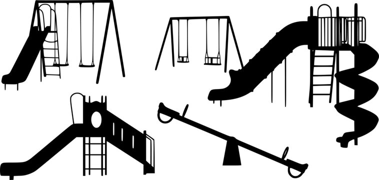 Playground equipment silhouette, slide, swing, seesaw, tube slide, spiral slide, park structure, recreation, cad drawing flat vector illustration
