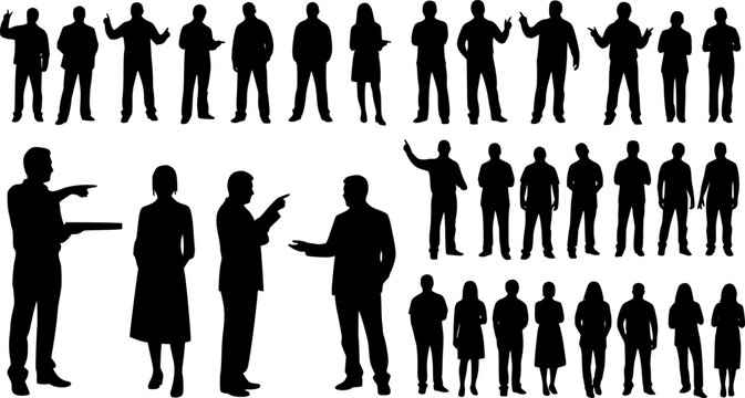 Set of diverse people silhouettes in different poses like pointing, standing, leaning, and gesturing isolated on a clean white background for design
