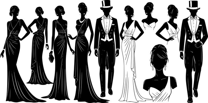 Elegant fashion silhouette set featuring women in glamorous evening gowns and men in formal tuxedos with top hats for luxury event design.
