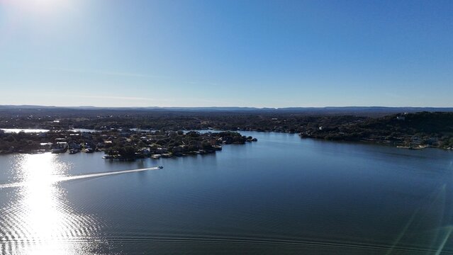 Aerial scenes of north Lake LBJ in the central Texas Hill Country