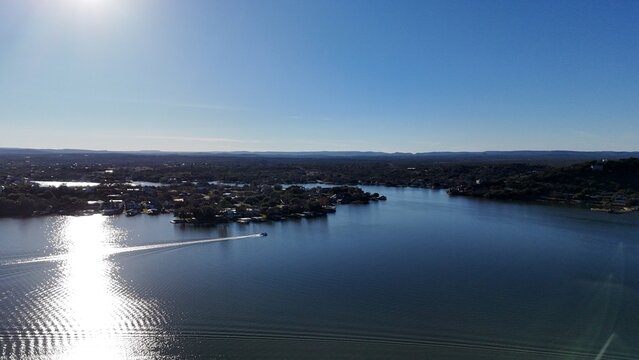 Aerial scenes of north Lake LBJ in the central Texas Hill Country