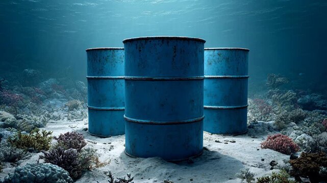 Three rusted blue metal barrels sitting on a sandy seabed surrounded by a vibrant coral reef.