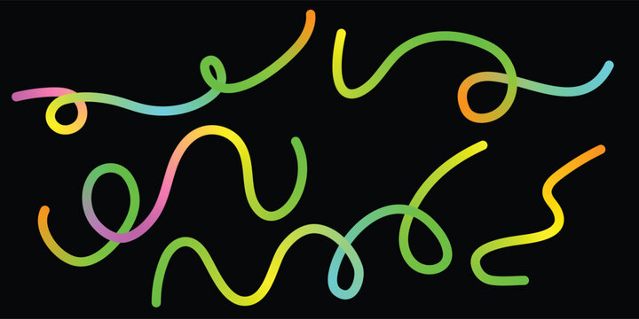 Geometric set of neon curly lines on dark backdrop with glowing yellow green and pink gradients ideal for retro futuristic graphics or electronic music visualizers and digital art collections